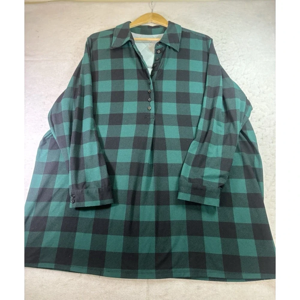 Woman Within 1X Buffalo Plaid Check Shirt Half Button Green/Black Long Sleeve